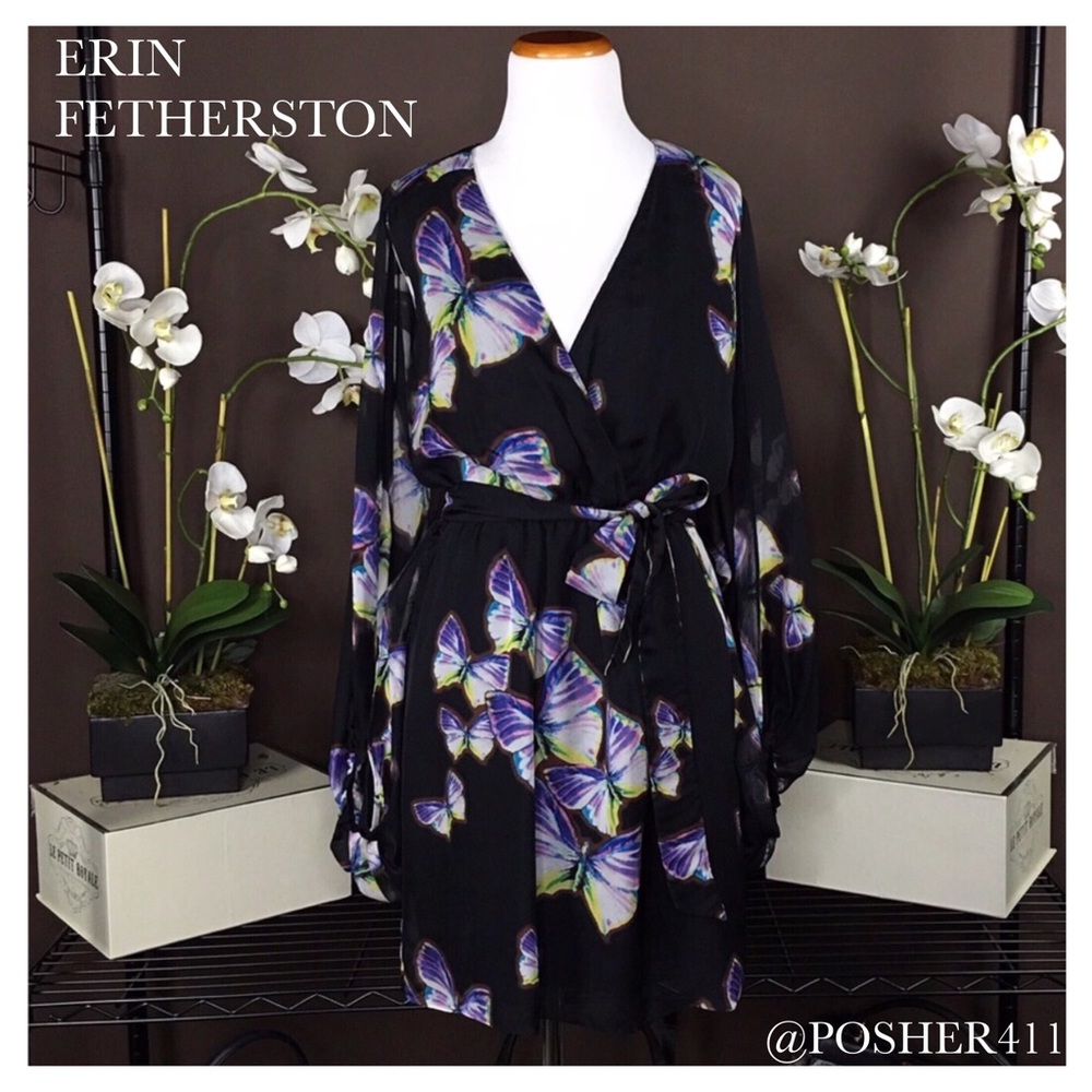 ERIN FETHERSTON CAPE SLEEVE BUTTERFLY SILK DRESS - Picture 1 of 8