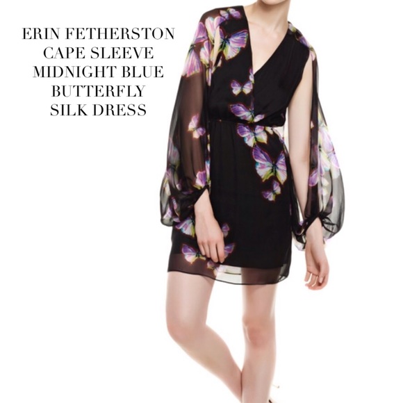 ERIN FETHERSTON CAPE SLEEVE BUTTERFLY SILK DRESS - Picture 6 of 8