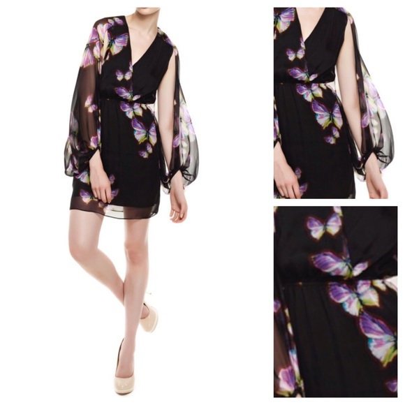 ERIN FETHERSTON CAPE SLEEVE BUTTERFLY SILK DRESS - Picture 7 of 8