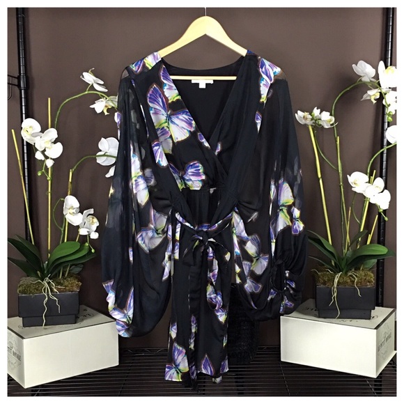 ERIN FETHERSTON CAPE SLEEVE BUTTERFLY SILK DRESS - Picture 5 of 8