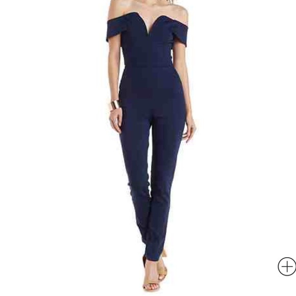 off the shoulder navy jumpsuit