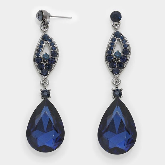 Blue Crystal Rhinestone Teardrop Evening Earrings