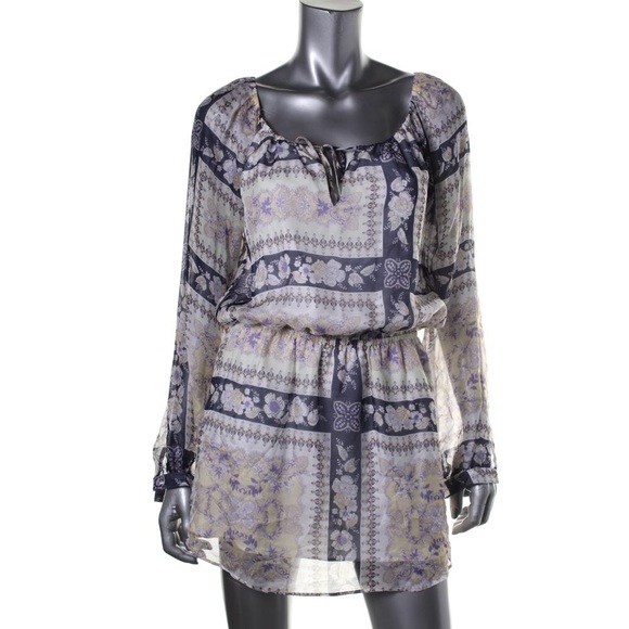 Single  Multi Silk Printed Long Sleeves Shirtdress