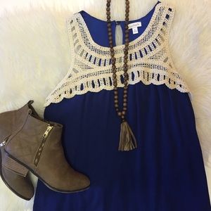 Royal blue shift dress w/crochet bodice!