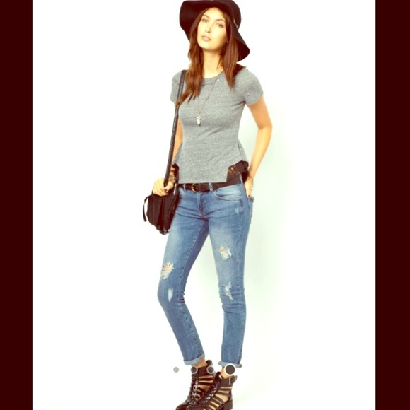 Free People Triblend Lace Peplum Tee. Sz S.