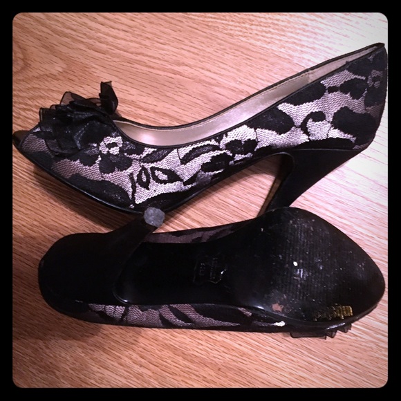 Black and beige lace open toe heels