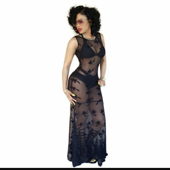 Black embroidered bathing suit cover up