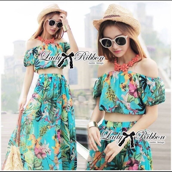 2 Piece Set Off Shoulder Crop Top And Long Skirt