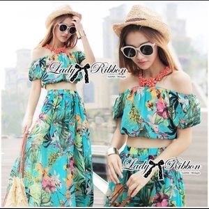 2 Piece Set Off Shoulder Crop Top And Long Skirt