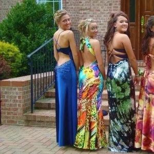 Navy blue floor length prom dress w. Low back