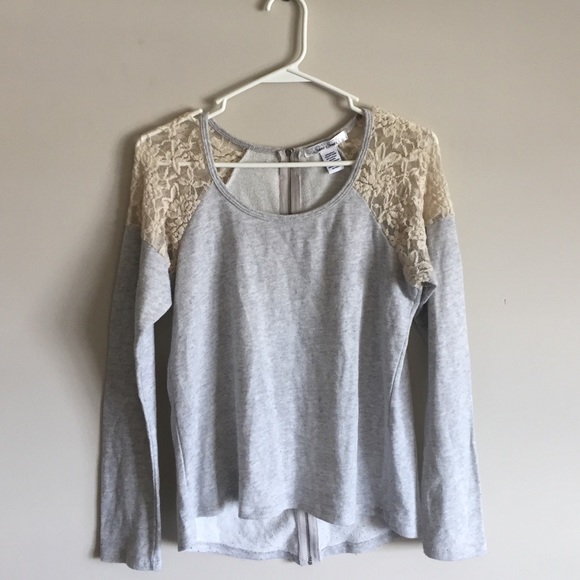 Grey Lace Shoulder Sweater with Zip Up Back