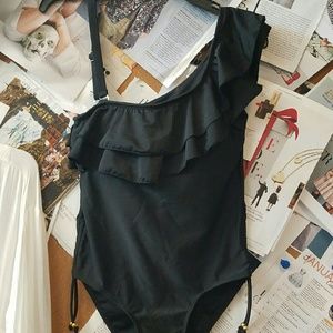 Black Asymmetrical Ruffle Swimsuit * NWOT