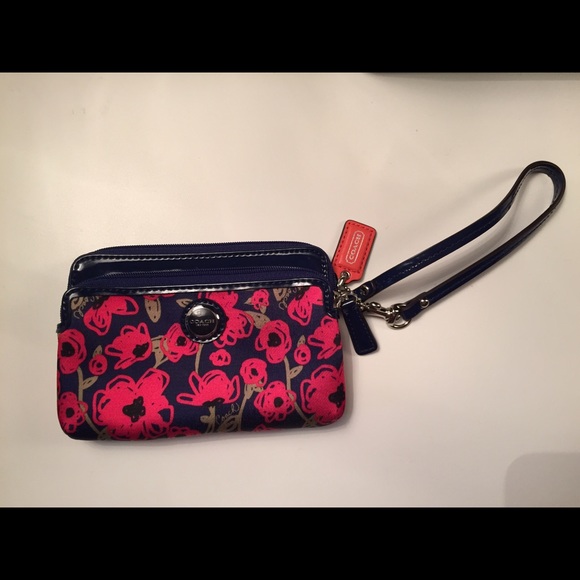Coach Blue Poppy Flower Print Double Zip Wristlet