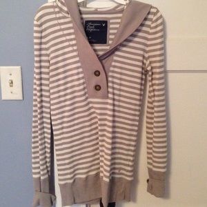 Tan and white striped thermal hooded shirt