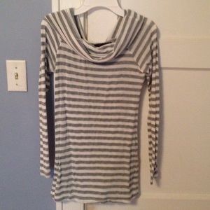 Gray and white striped cowl-neck sweater
