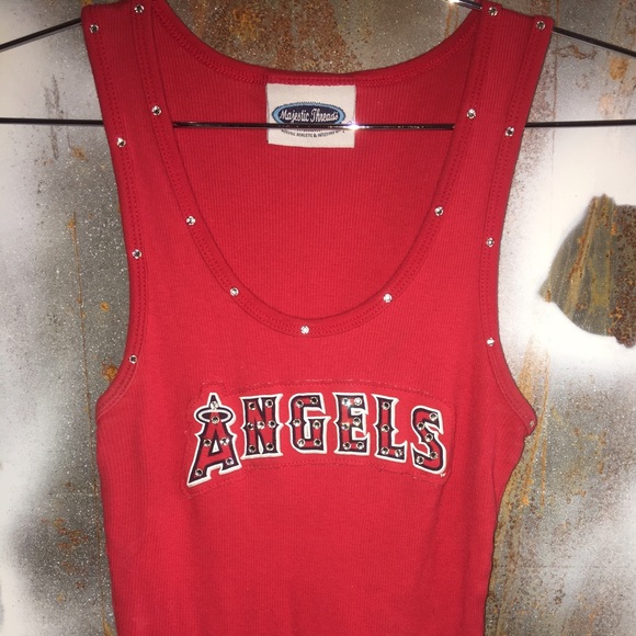 Angels Baseball MLB Red Rhinestone Tank Top