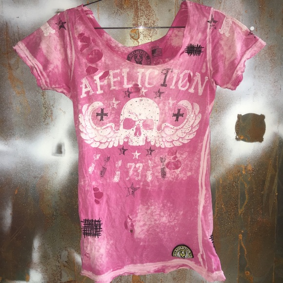 Affliction Heart Skull Rhinestones Distressed Tee