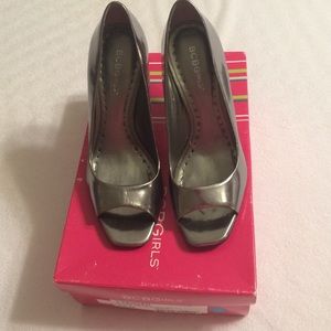 BCBGirls pewter glass metallic peep toe heels