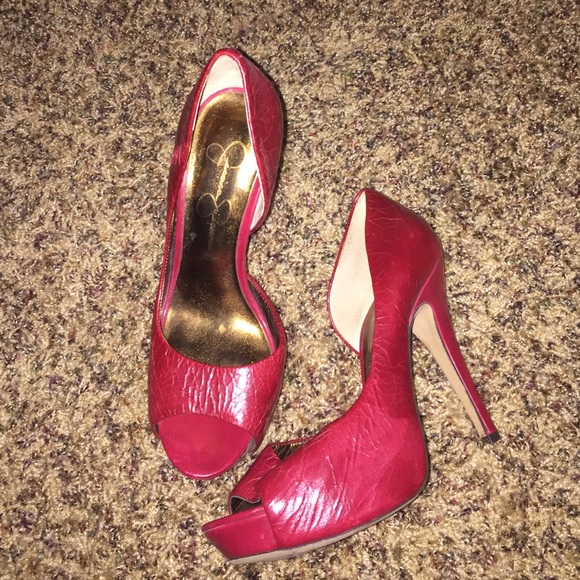 Red Faux leather peep toe heels