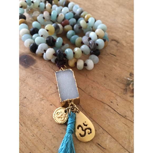 Aquamarine, Druzy & Gold Om mala necklace.