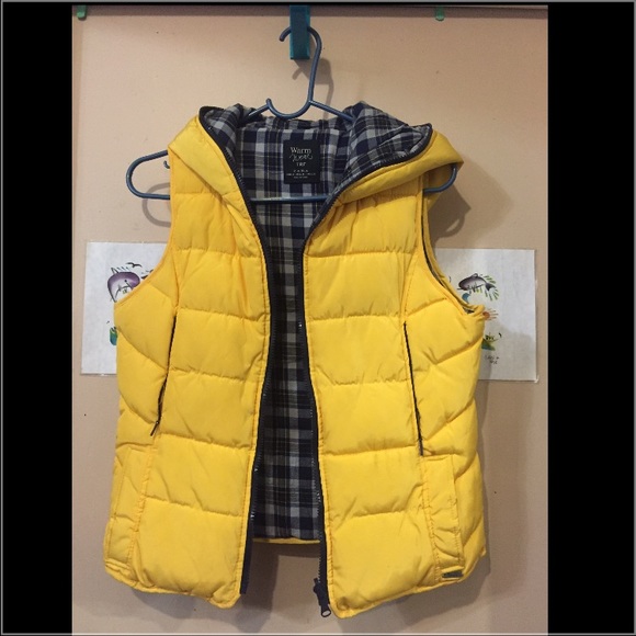 Zara Yellow & Blue Plaid Puffy Vest with hood