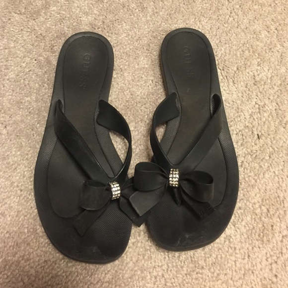 Guess Black Bow & Rhinestone Flops