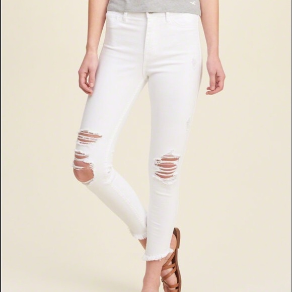 Ankle High Waisted White Ripped Jeans