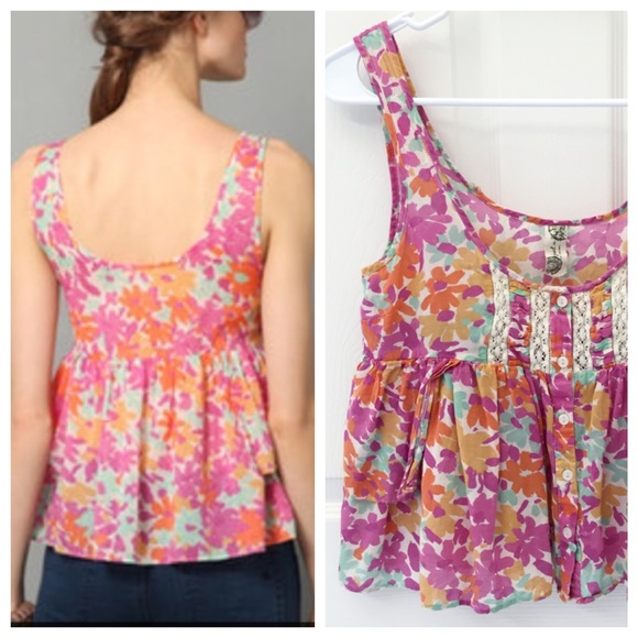 Free People Floral Crop Swing Top with Lace Detail