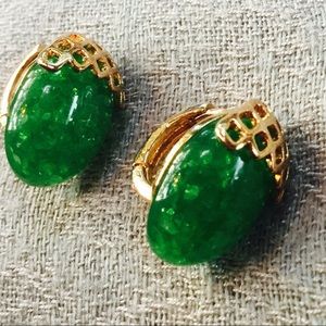 Green Marble Stone Gold Tone Earrings