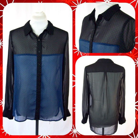Pleione Tops - Sheer Black Multicolor Career Blouse Size S