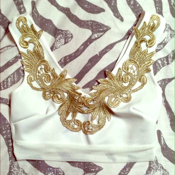 Gold and white scroll design crop top