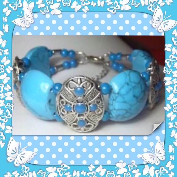 🦋NEW SILVER & TURQUOISE Bead Bangle - Picture 2 of 5