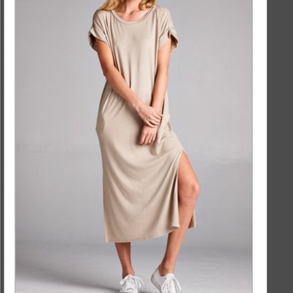 ❗️Tan Pocket Midi Tunic Slip Dress - Picture 2 of 3