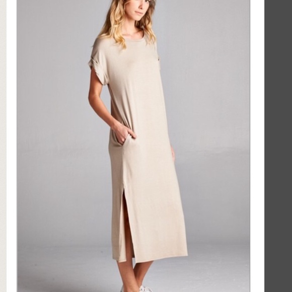 ❗️Tan Pocket Midi Tunic Slip Dress - Picture 3 of 3