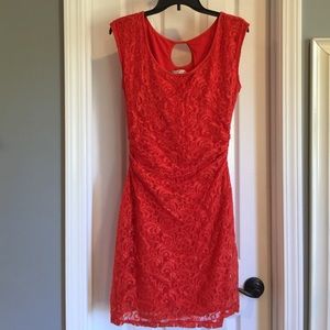 Lace, waist gathered, peep hole back, dress.