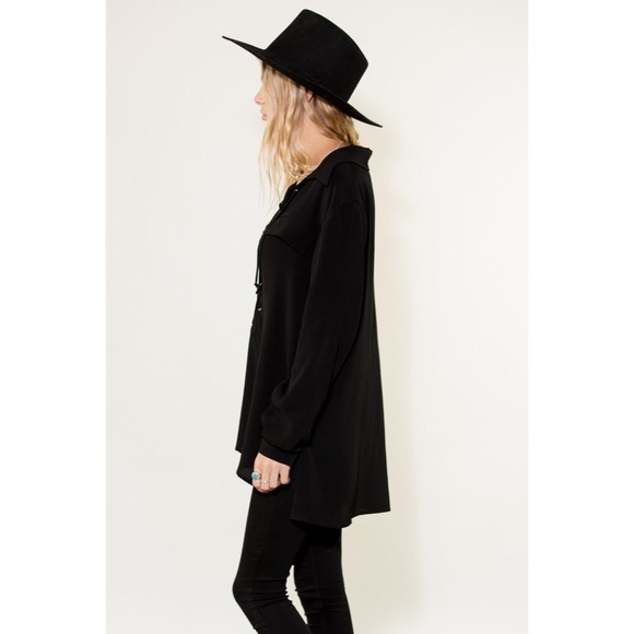 Black Lace Up Long Sleeve Collared Blouse - Picture 3 of 4