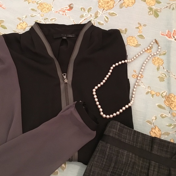 Zipper front blouse with sheer sleeves