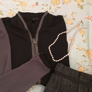 Zipper front blouse with sheer sleeves