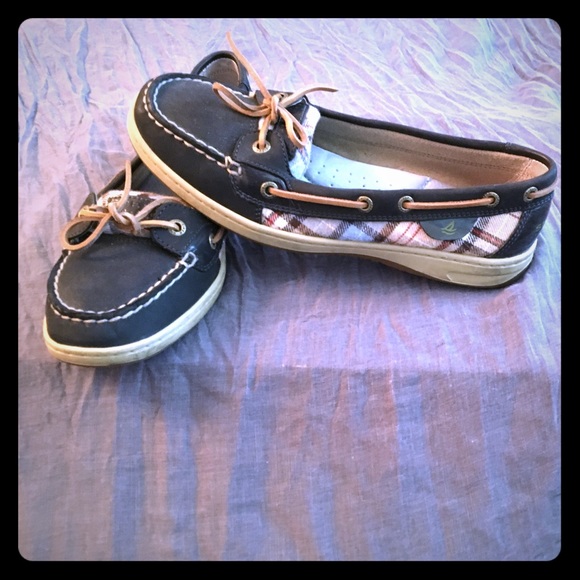 Sperry Top Sider boat shoes, navy w/plaid accents