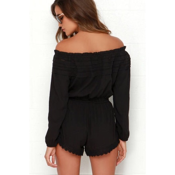 Black Crochet Lace Trim Off Shoulder Romper - Picture 4 of 4