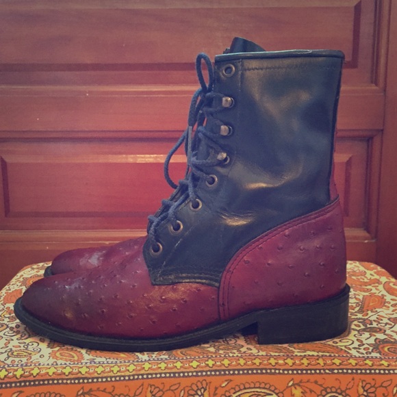 Vintage Laredo Roper Ostrich Leather Lace Up Boots
