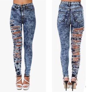 High waisted acid wash one leg distressed jeans
