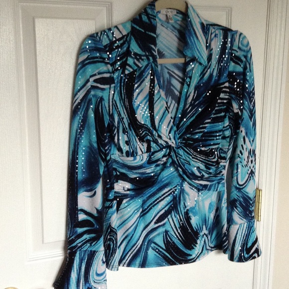 Cache blouse.  Blue and white w reflective dots