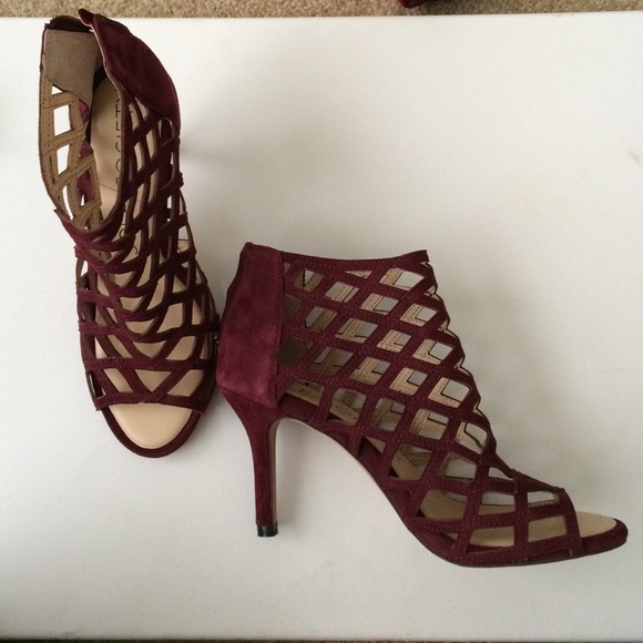 burgundy caged heels