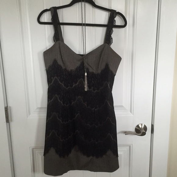 Black lace + tweed dress