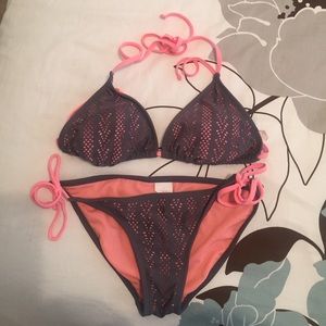 Gray/pink two piece string halter bathing suit