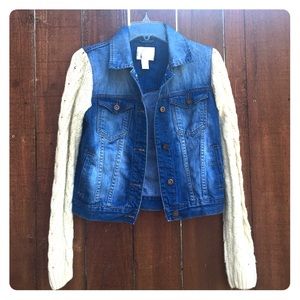 Denim Jacket w/ cable knit sweater sleeves.