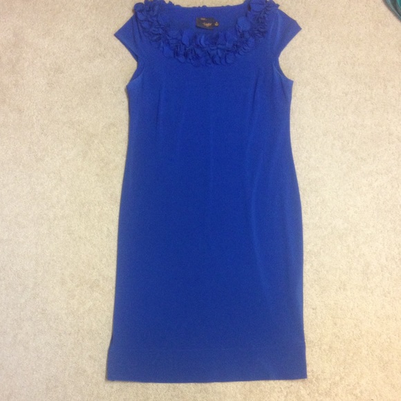 Pretty, dressy blue dress. Flower detailing.
