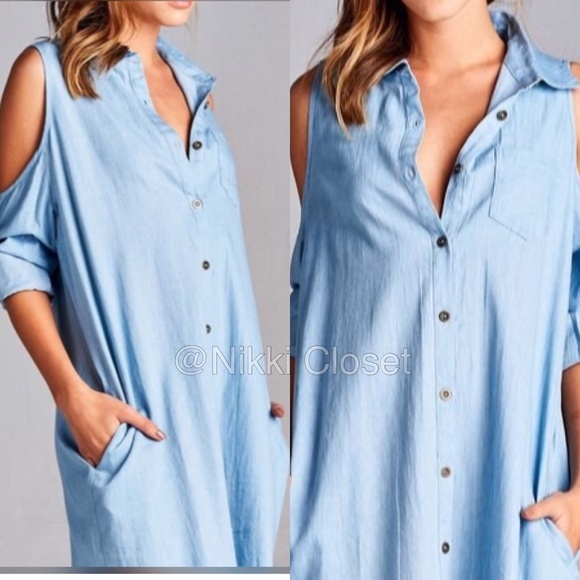 Denim shirt tunic blouse cold open shoulder dress - Picture 2 of 4