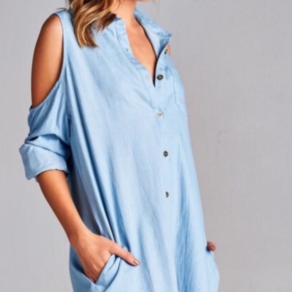 Denim shirt tunic blouse cold open shoulder dress - Picture 3 of 4